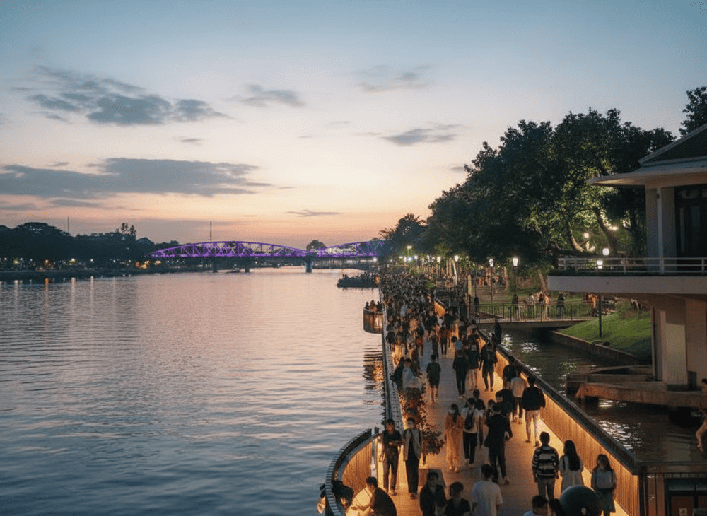 Nguyen Dinh Chieu Walking Street is a lively riverside spot where visitors can stroll, shop, and enjoy the vibrant atmosphere of Hue